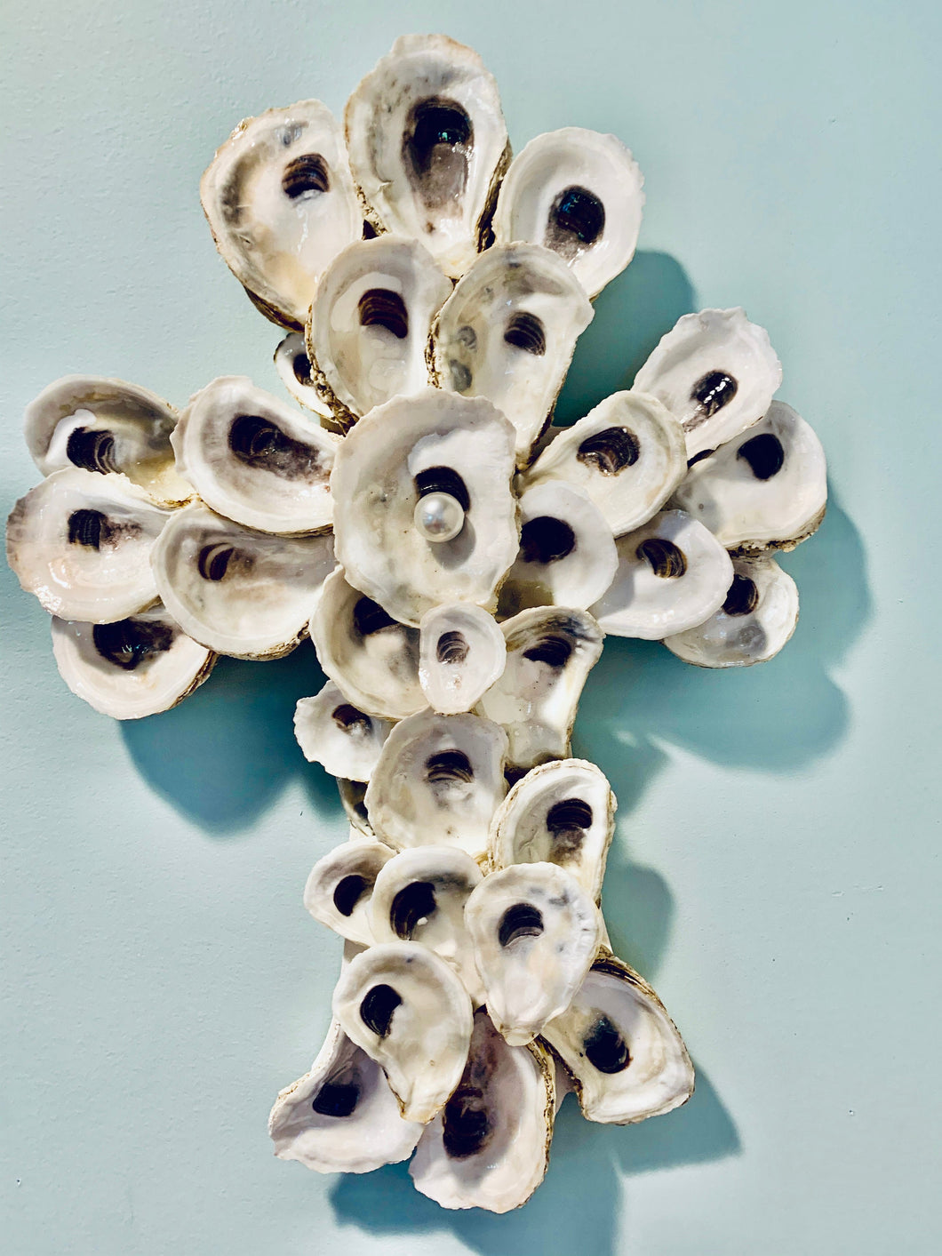Oyster Shell Cross with a pearl handmade with love in Charleston